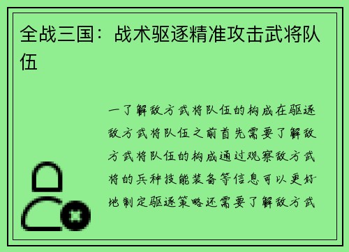 全战三国：战术驱逐精准攻击武将队伍