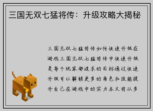 三国无双七猛将传：升级攻略大揭秘